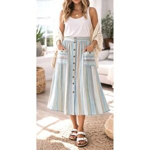 Patagonia Lightweight A/C Midi Skirt XL Organic Cotton Hemp Button Front Blue